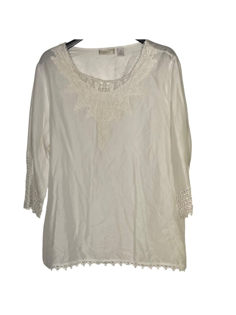 Chico's Crochet Lace Boho Cotton Silk Top Sz XL (3) Lightweight Resort Coverup